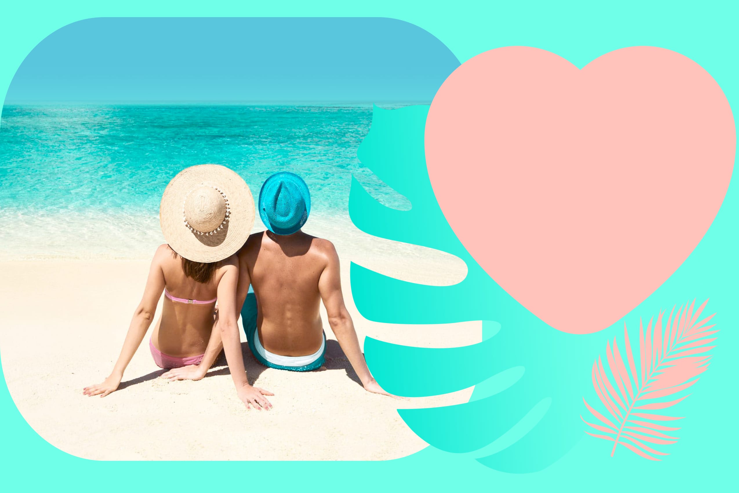 Travel agents sat on beautiful sandy beach looking out to sea