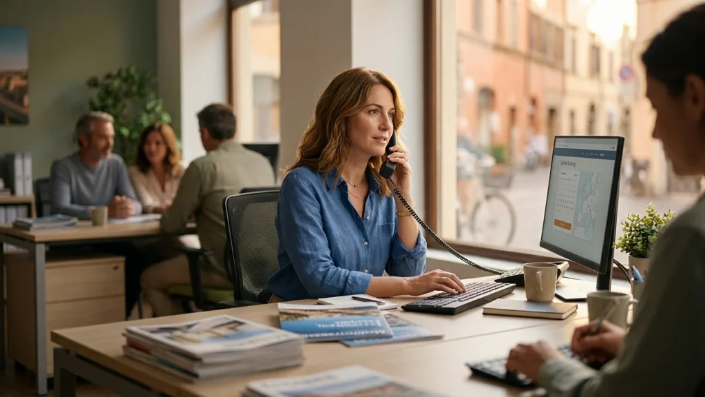 A travel advisor at a desk calmly helping a client by phone in warm summer light.